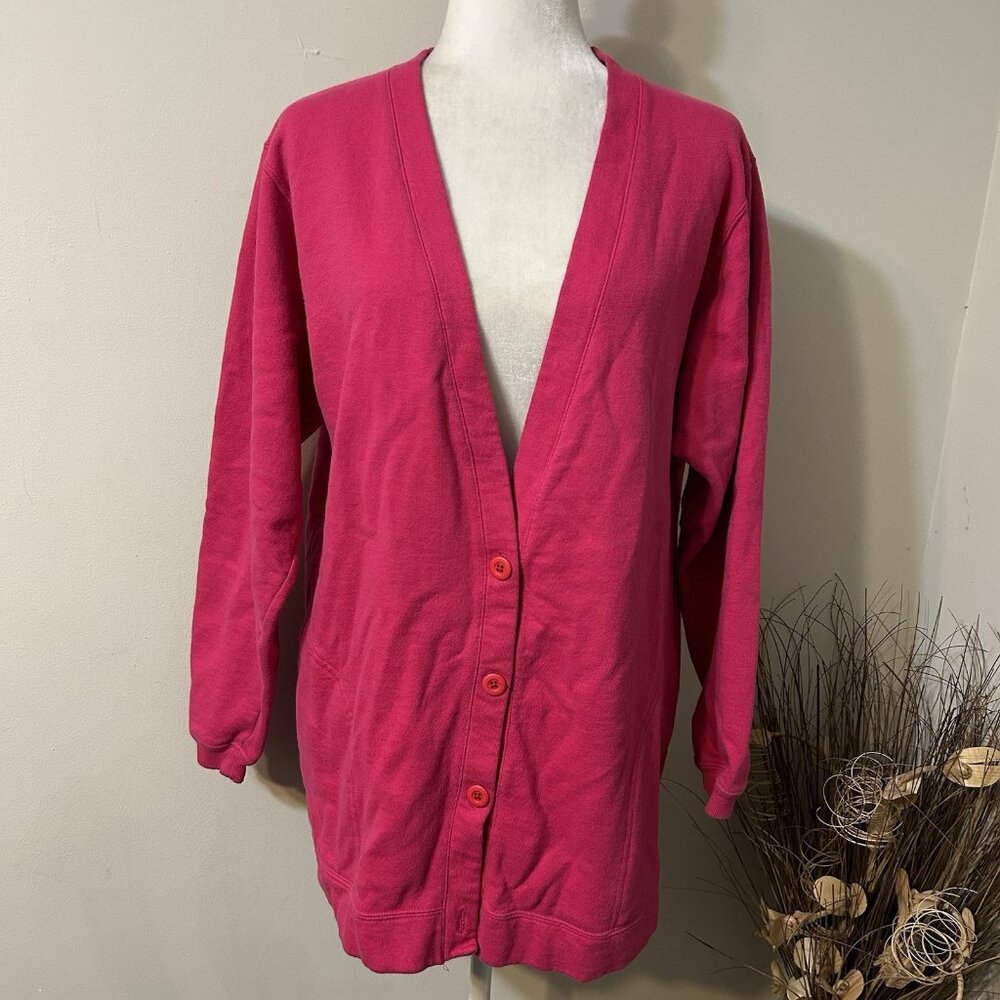 Vtg L.L.Bean Womens Knit Cardigan Button Up Cotton Blend Pink Pockets Sz L Flaw